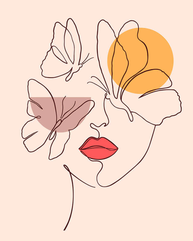 Minimalist Illustration of a woman's face and butterflies signaling growth