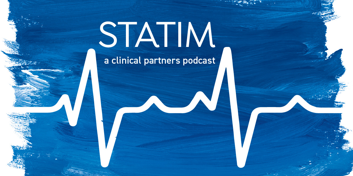 A 1200x600 graphic for the Clinical Partners podcast STATIM