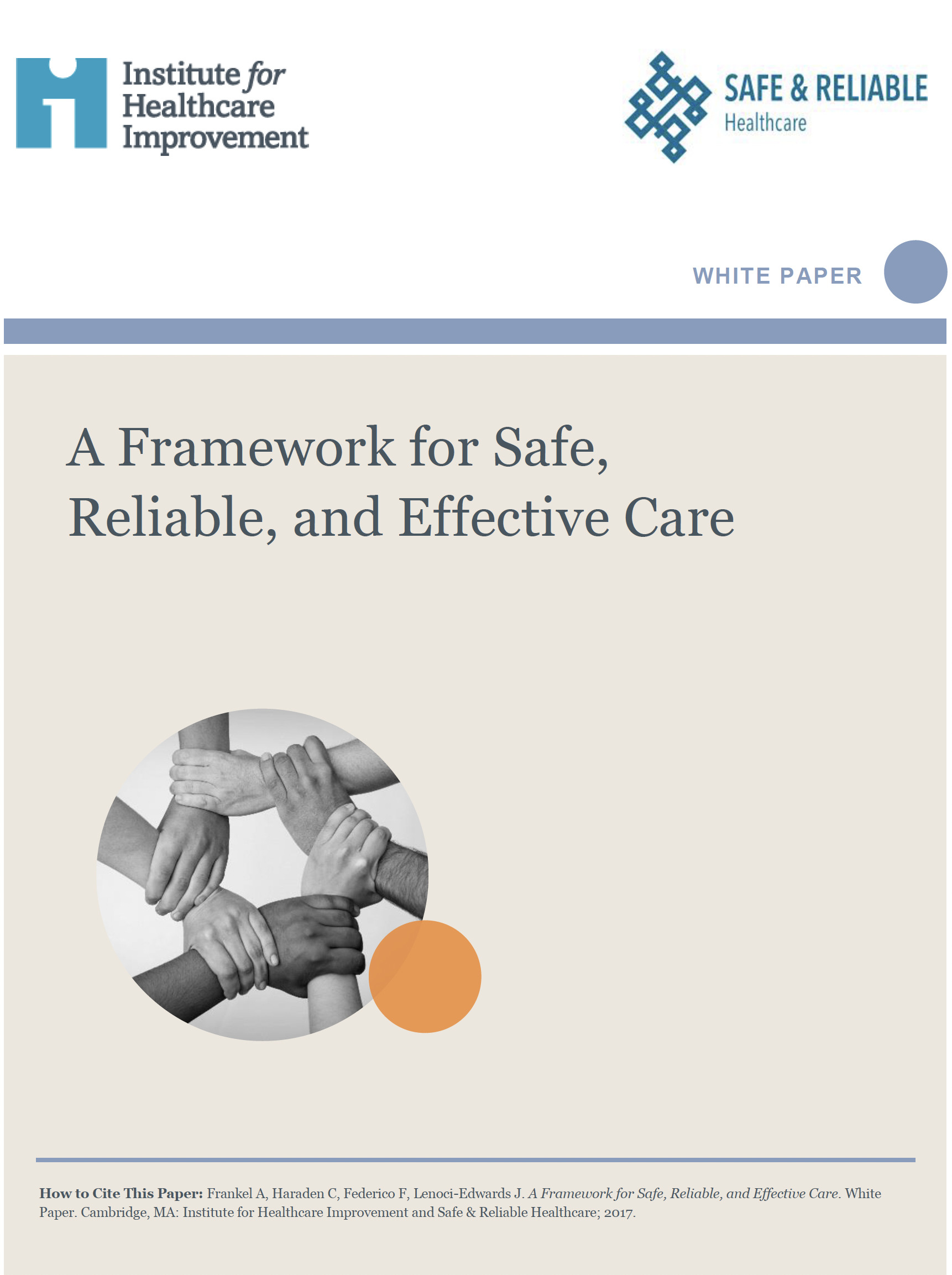 Cover of the whitepaper from IHI on A Framework for Safe, Reliable, and Effective Care