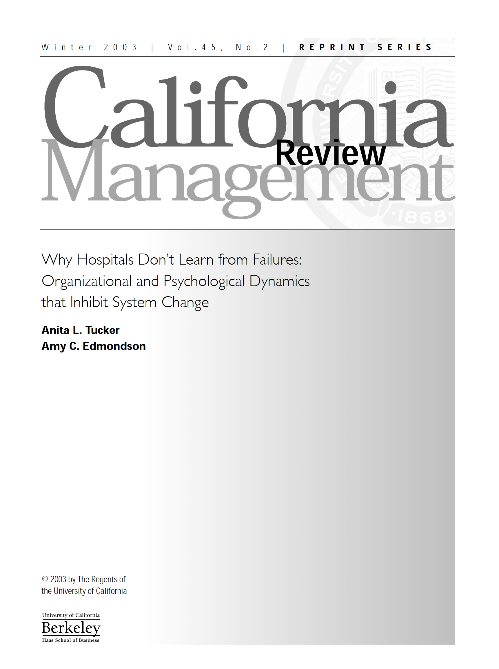 Cover for research article Why Hospitals Don't Learn from Failures