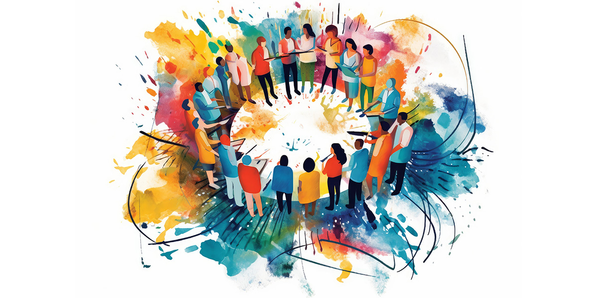 Colorful abstract image of people in discussion in a circle, representing the new CentraCare Grand Rounds CME