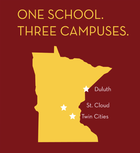 Illustration of the state of Minnesota with the three University of Minnesota Medical School campuses represented with stars