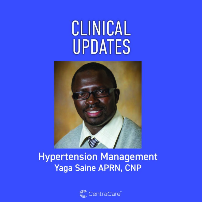 Digital graphic with photo of Yaga Saine APRN CNP promoting the Clinical Updates podcast on the topic of Hypertension Management