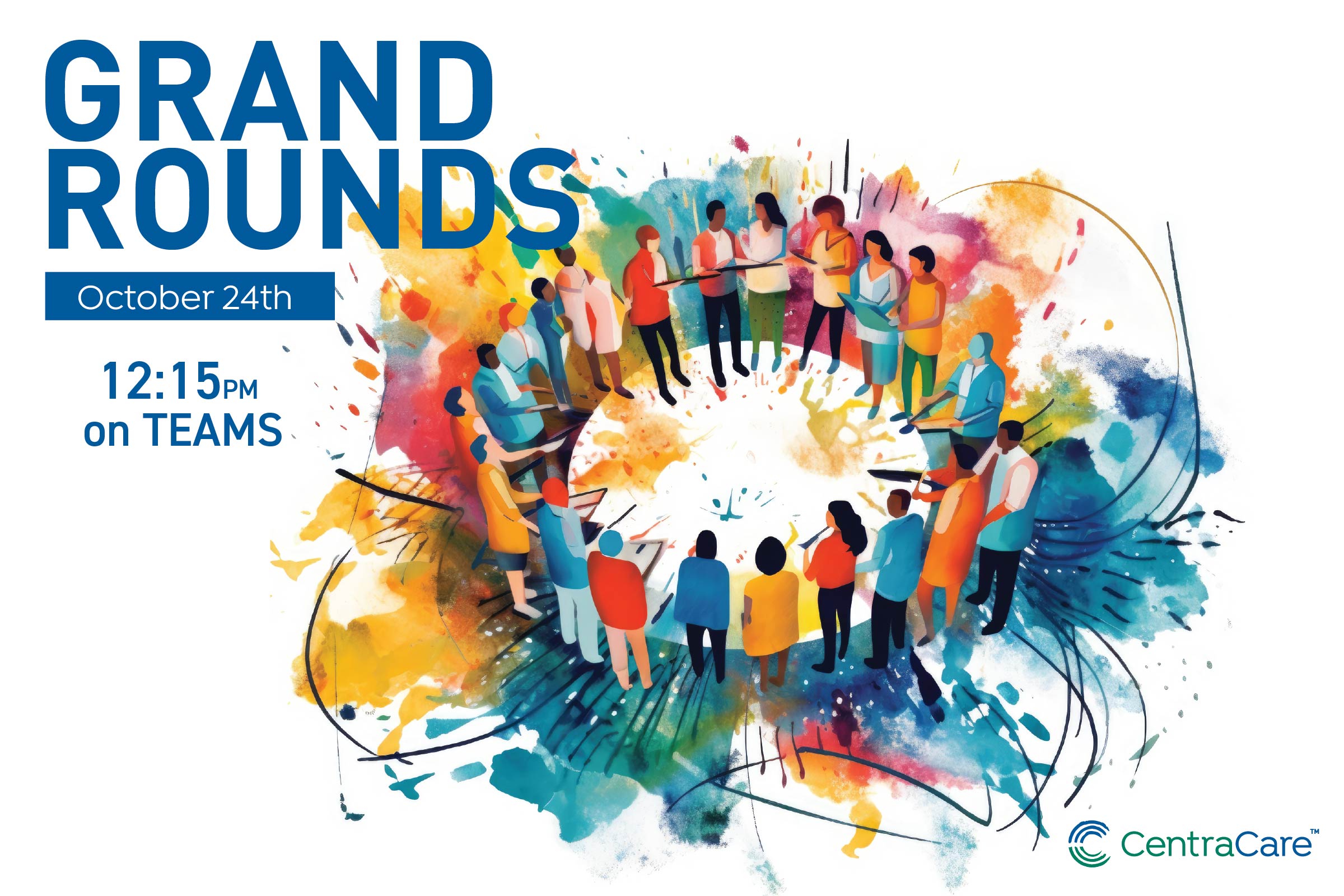 Abstract illustration of people gathering in a circle as a promotion for the October Grand Rounds