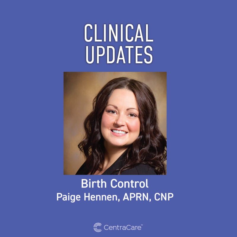 Photo of Paige Hennen, APRN, CNP, promoting the Clinical Updates podcast and CME on the topic of Oral Contraceptives