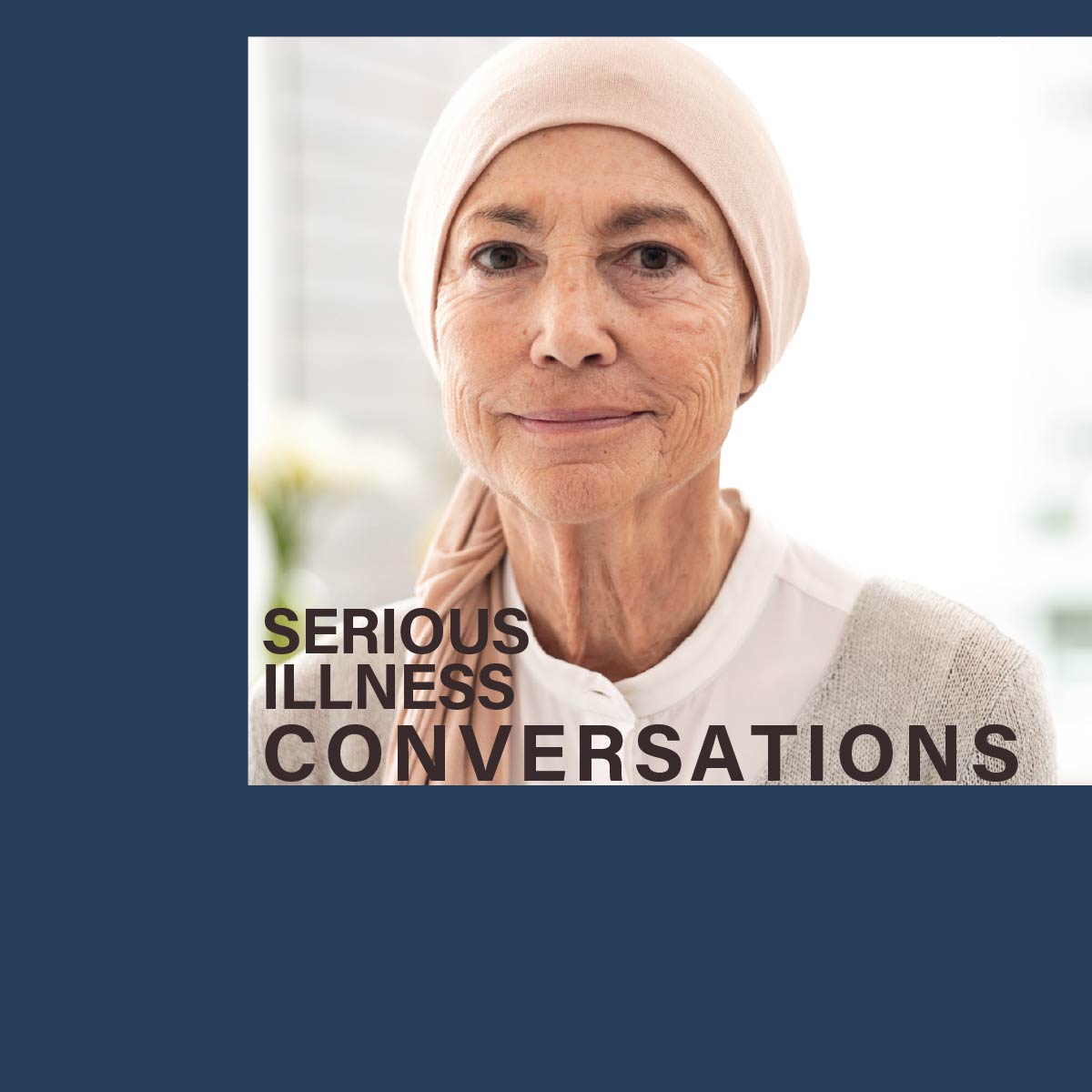 Photo of a woman with a scarf on her head, likely a cancer patient