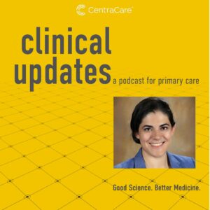 Podcast cover art for the Clinical Updates featuring a photo of Claire Drom, MD, on the topic of Peripartum Psychiatry