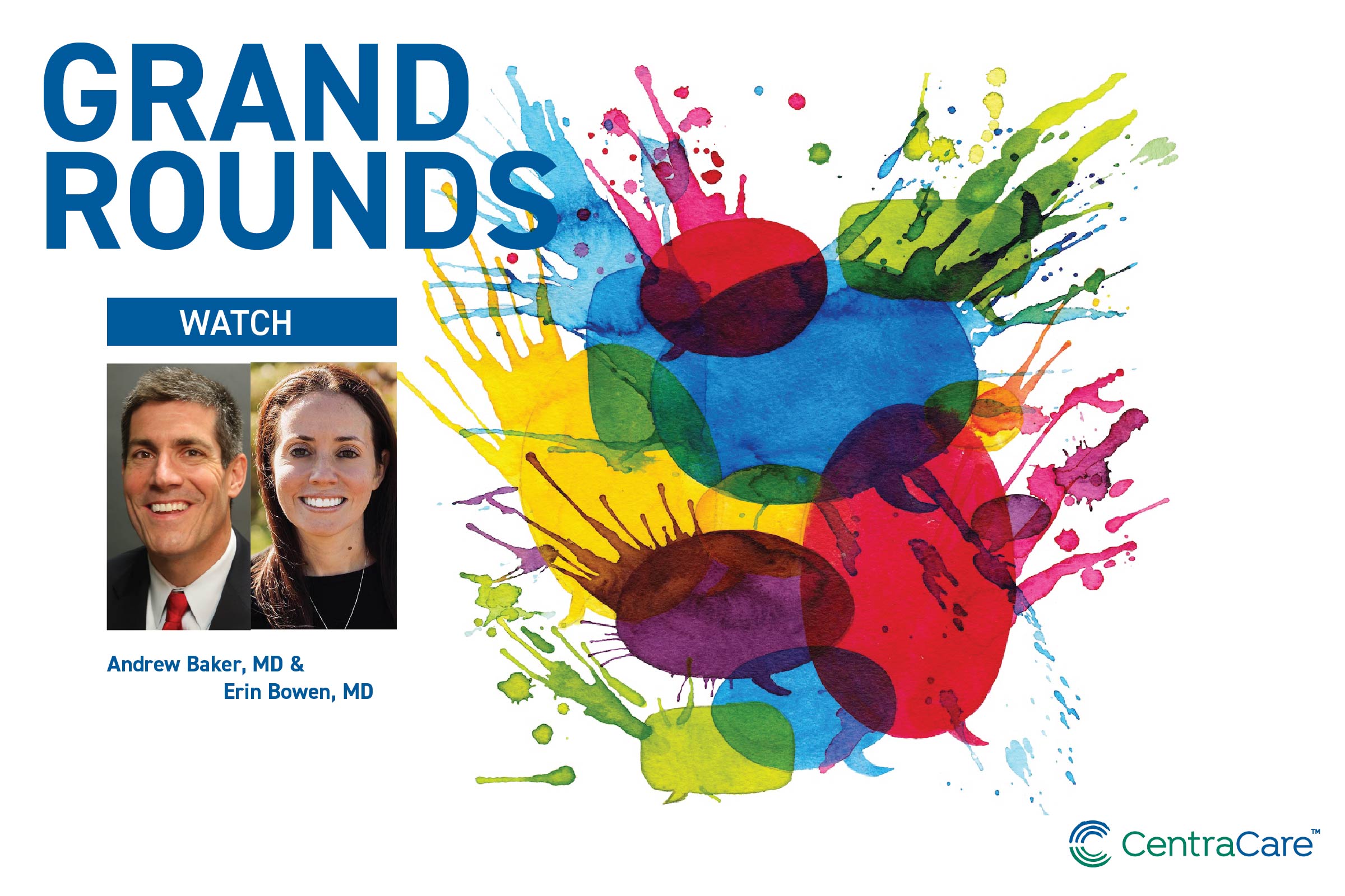 Abstract illustration representing people in conversation with photos of the presenters at June Grand Rounds
