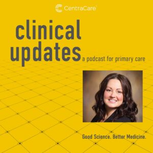 Photo of Paige Hennen, APRN, CNP, on the cover of Clinical Updates podcast featuring Polycystic Ovarian Syndrome (PCOS)