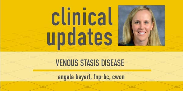 Photo of Angela Beyerl, FNP-BC, on the cover of Clinical Updates podcast featuring the condition of Venous Stasis Disease and Wound Care